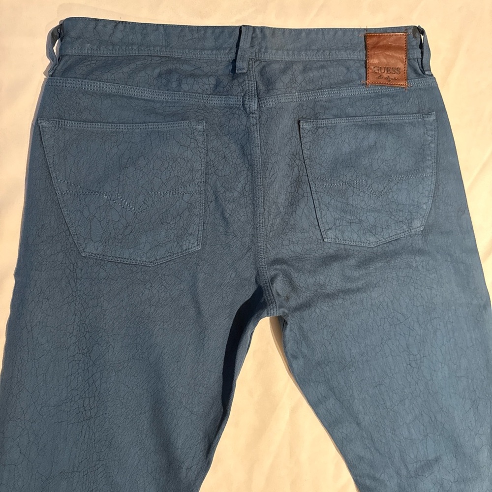 New Men’s Guess  Lincoln Blue Crackle Texture Slim Straight Jeans 36 X 34